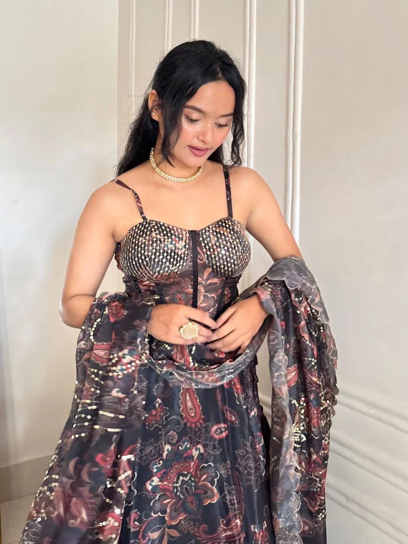 Black Organza Digital Print Lehenga Choli Set with Dupatta & Batwa