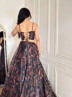 Black Organza Digital Print Lehenga Choli Set with Dupatta & Batwa