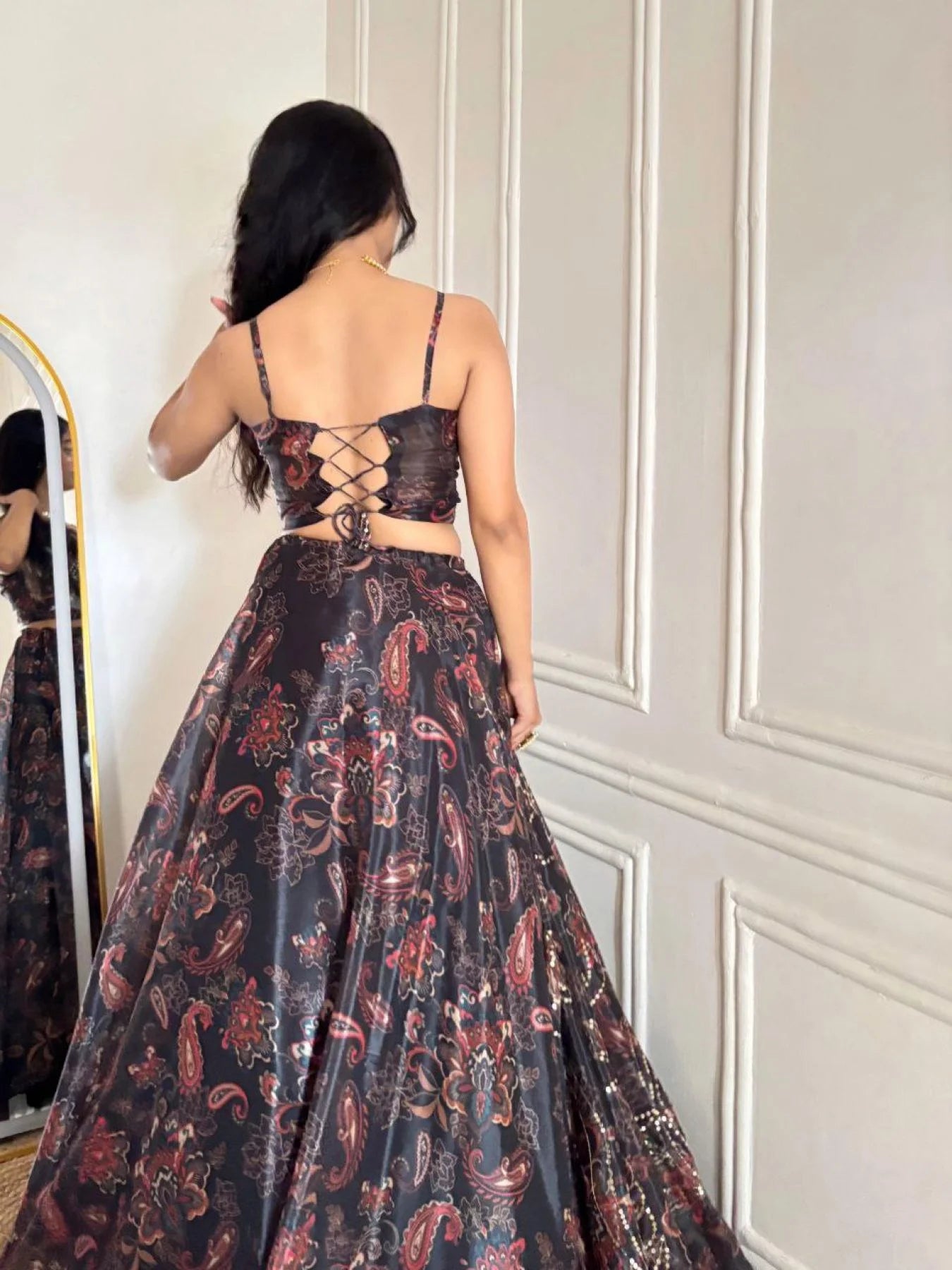 Black Organza Digital Print Lehenga Choli Set with Dupatta & Batwa