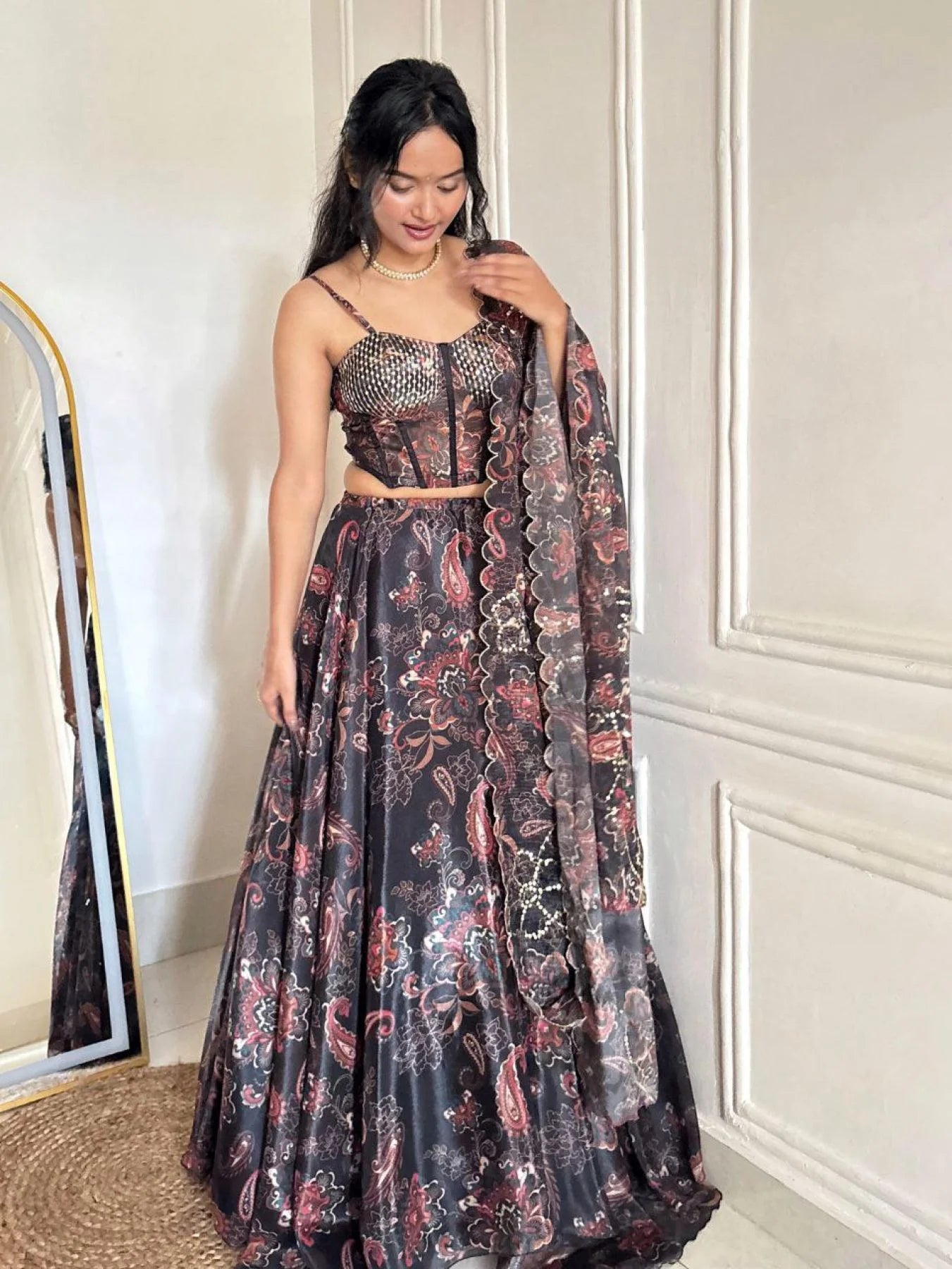 Black Organza Digital Print Lehenga Choli Set with Dupatta & Batwa