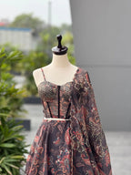 Black Organza Digital Print Lehenga Choli Set with Dupatta & Batwa