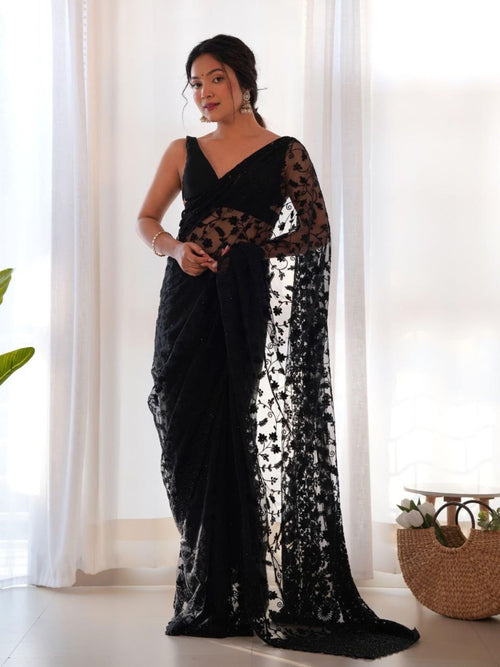 Black Net Saree for women - full front view | Snyvia