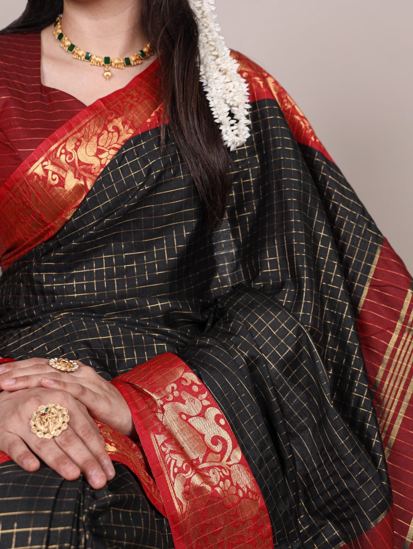 Black Cotton Saree - side drape view