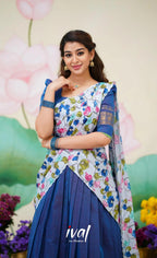Color Kanjivaram Silk Zari Half Saree Lehenga with Linen Printed Dupatta front view