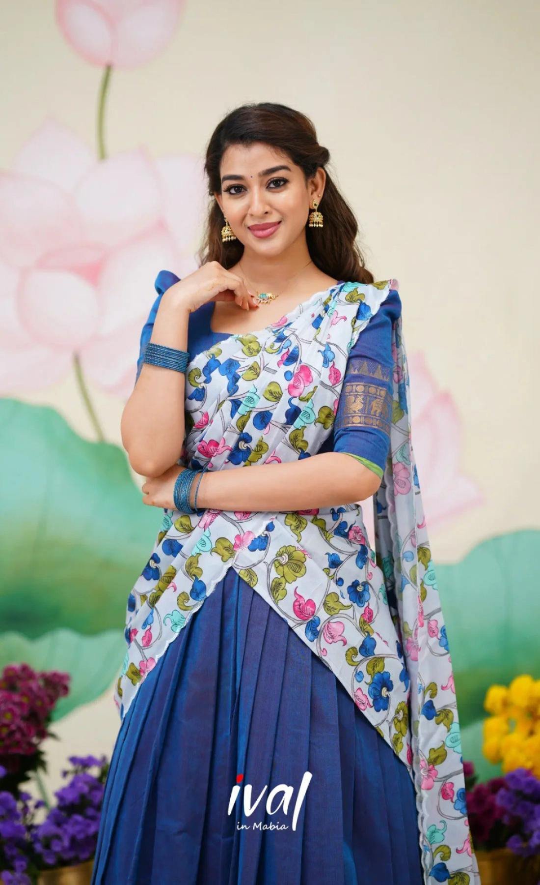 Color Kanjivaram Silk Zari Half Saree Lehenga with Linen Printed Dupatta front view