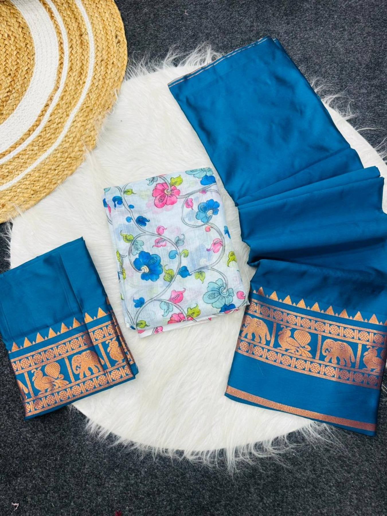 Color Kanjivaram Silk Zari Half Saree Lehenga with Linen Printed Dupatta full drape view