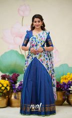 Color Kanjivaram Silk Zari Half Saree Lehenga with Linen Printed Dupatta blouse and dupatta detail