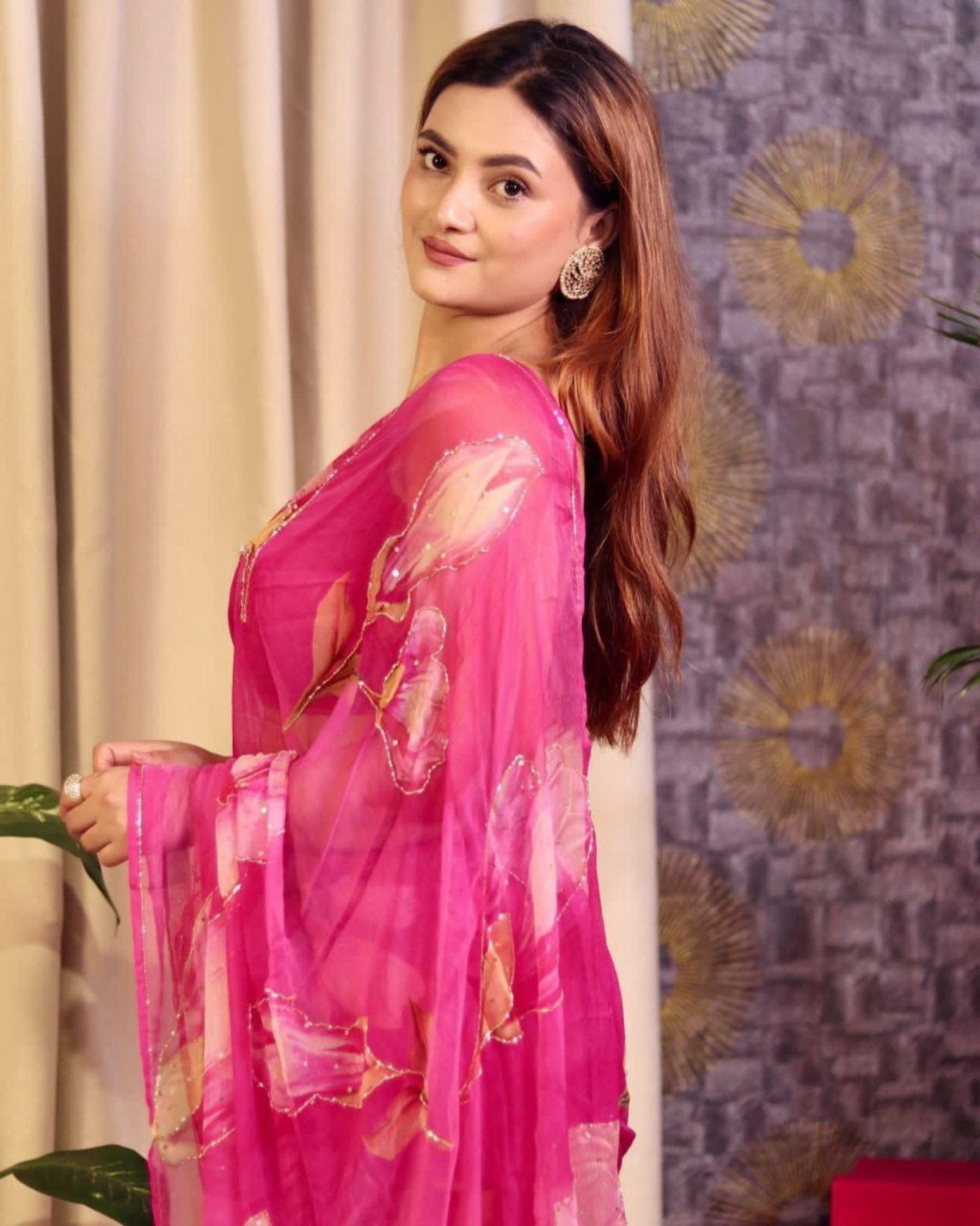 Pink Organza Saree - side drape view