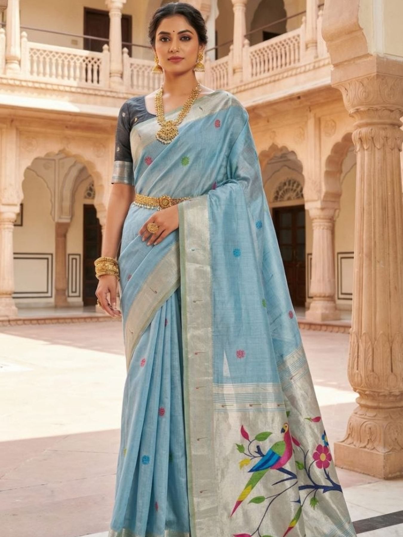 Blue Cotton Saree for women - full front view | Snyvia