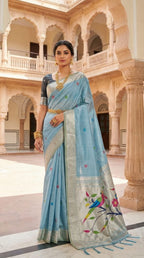 Blue Cotton Saree - drape and pallu detail