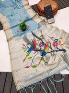 Blue Cotton Saree - side drape view
