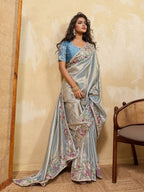 Blue Silk Saree - side drape view