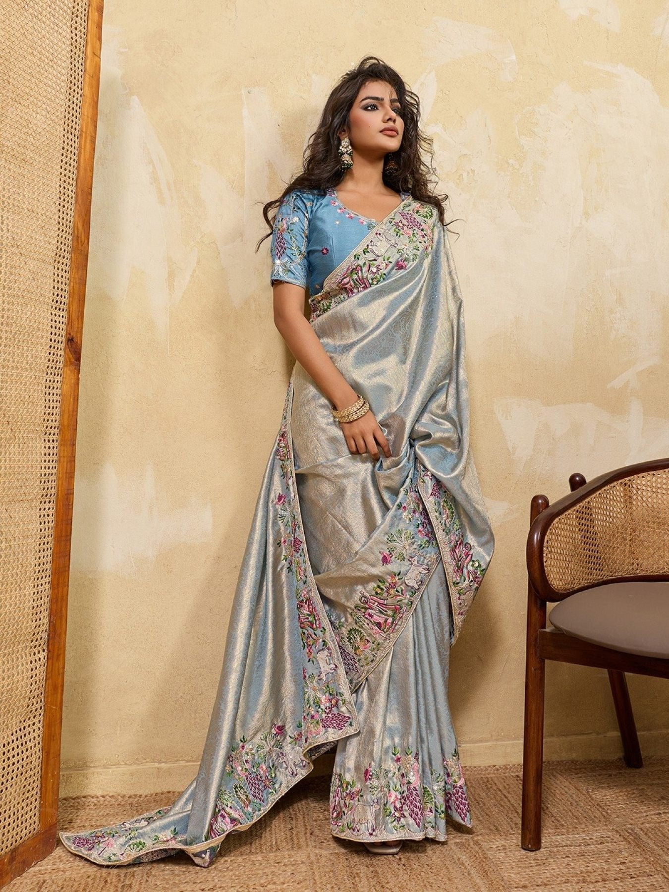 Blue Silk Saree - side drape view