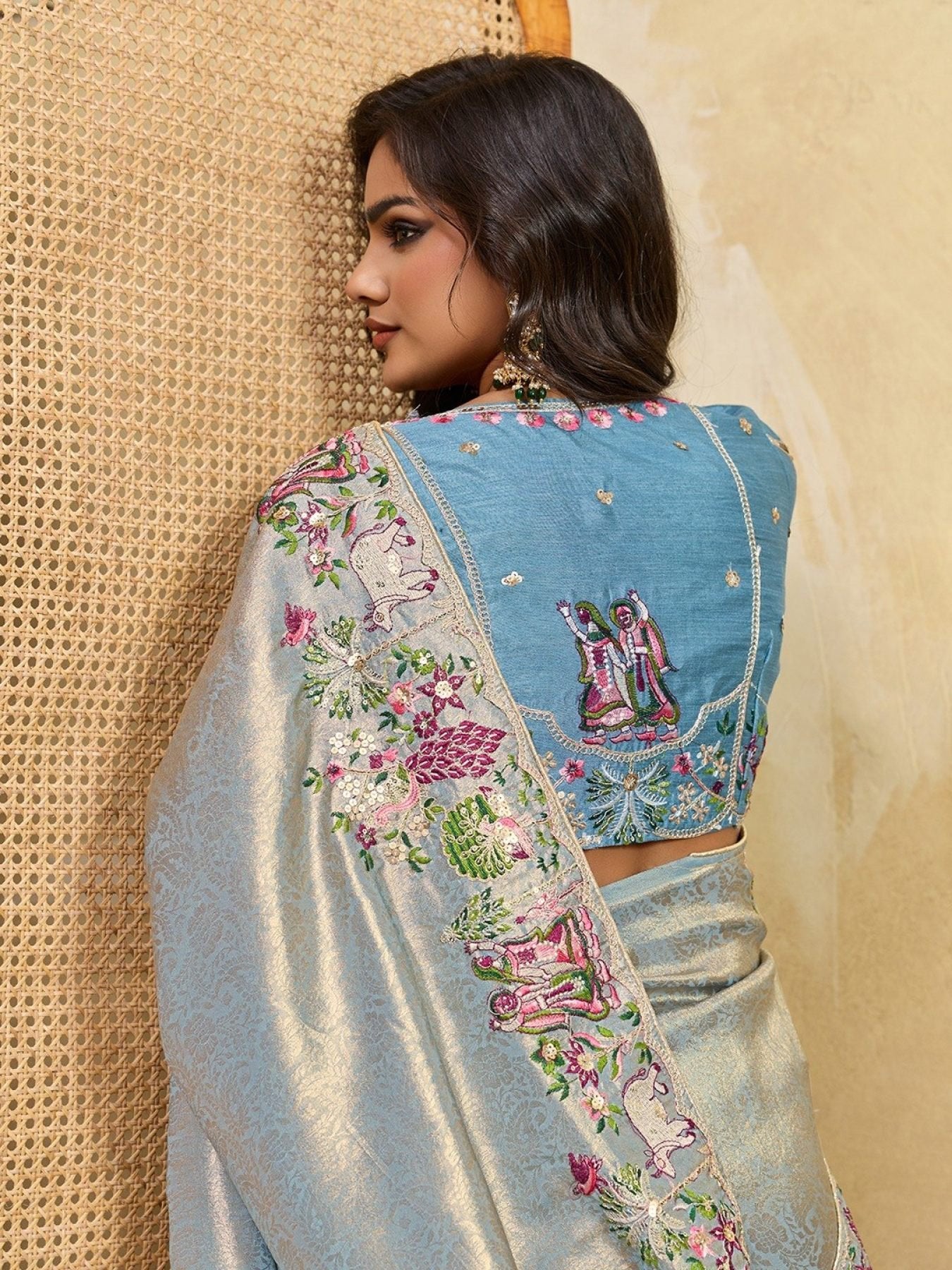 Blue Silk Saree - blouse and border close-up