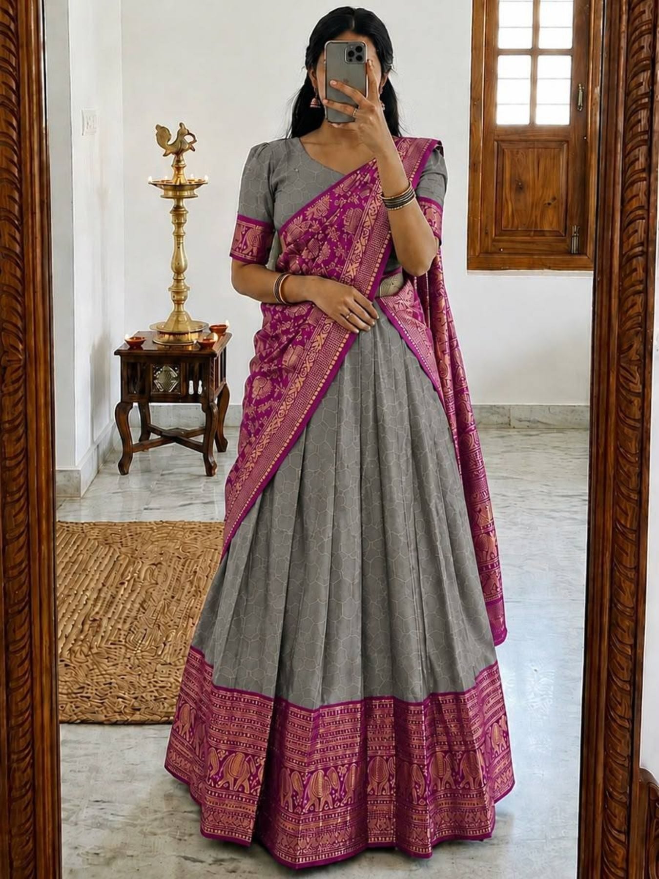 Heavy Lichi Silk Lehenga Choli with Woven Zari Border for Wedding Wear styling view