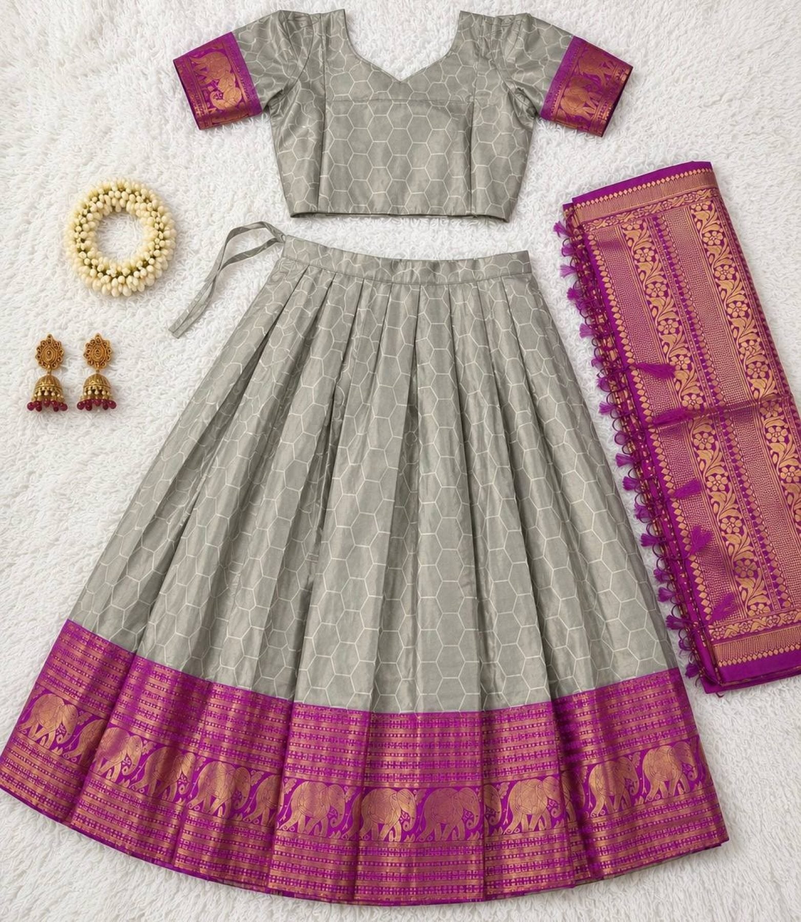 Heavy Lichi Silk Lehenga Choli with Woven Zari Border for Wedding Wear full drape view