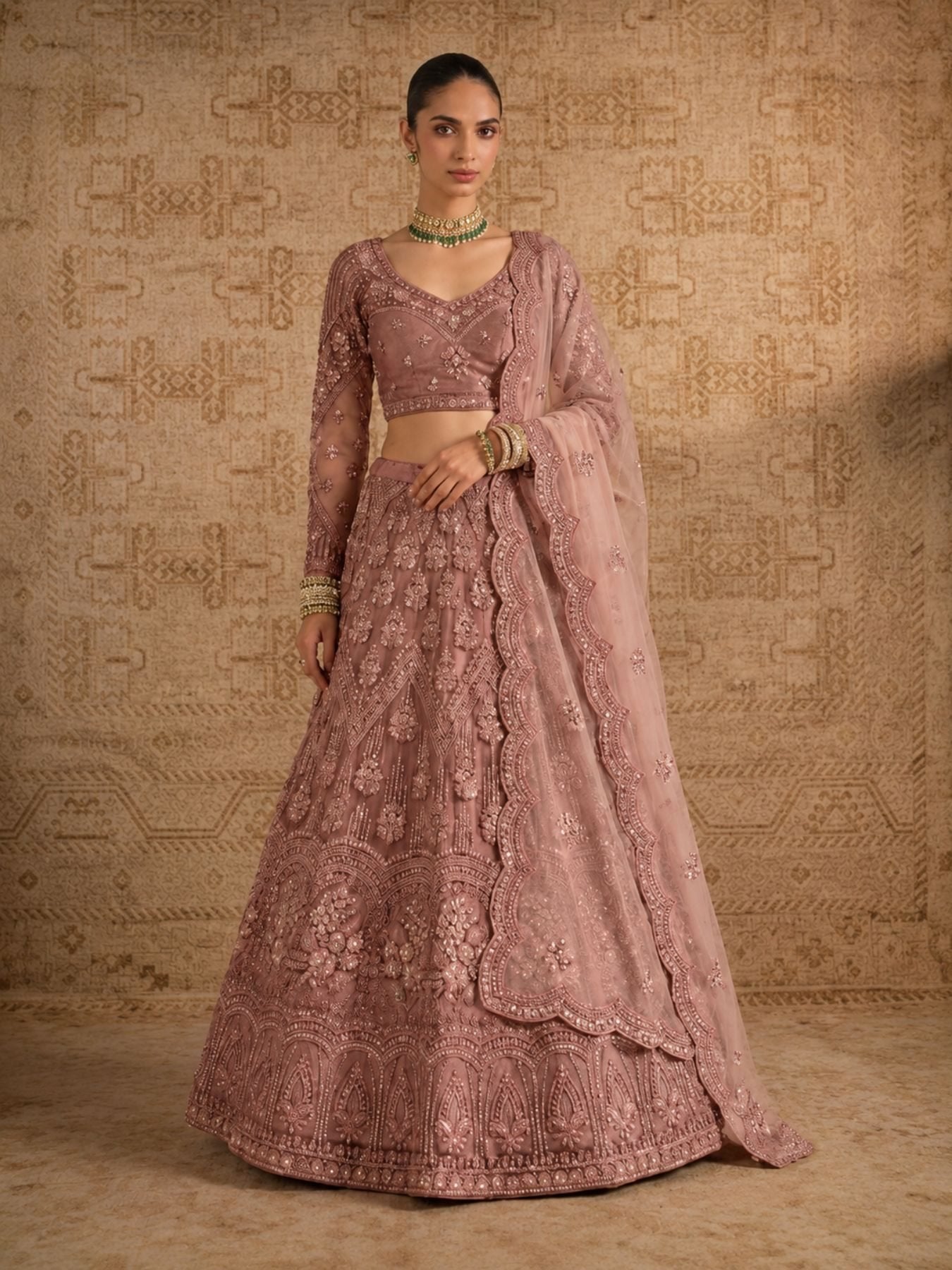 Red Butterfly Net Lehenga Choli with Banglori Silk Inner for Bridal Wear fabric texture detail