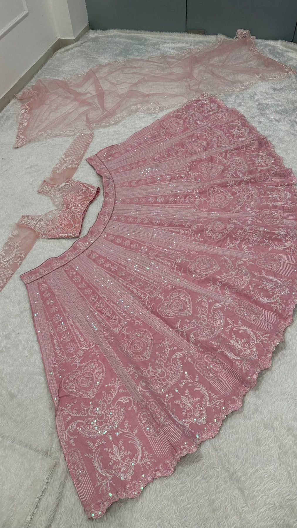 Pink Lehenga Set with Rainbow Sequins for Festive Wear full drape view