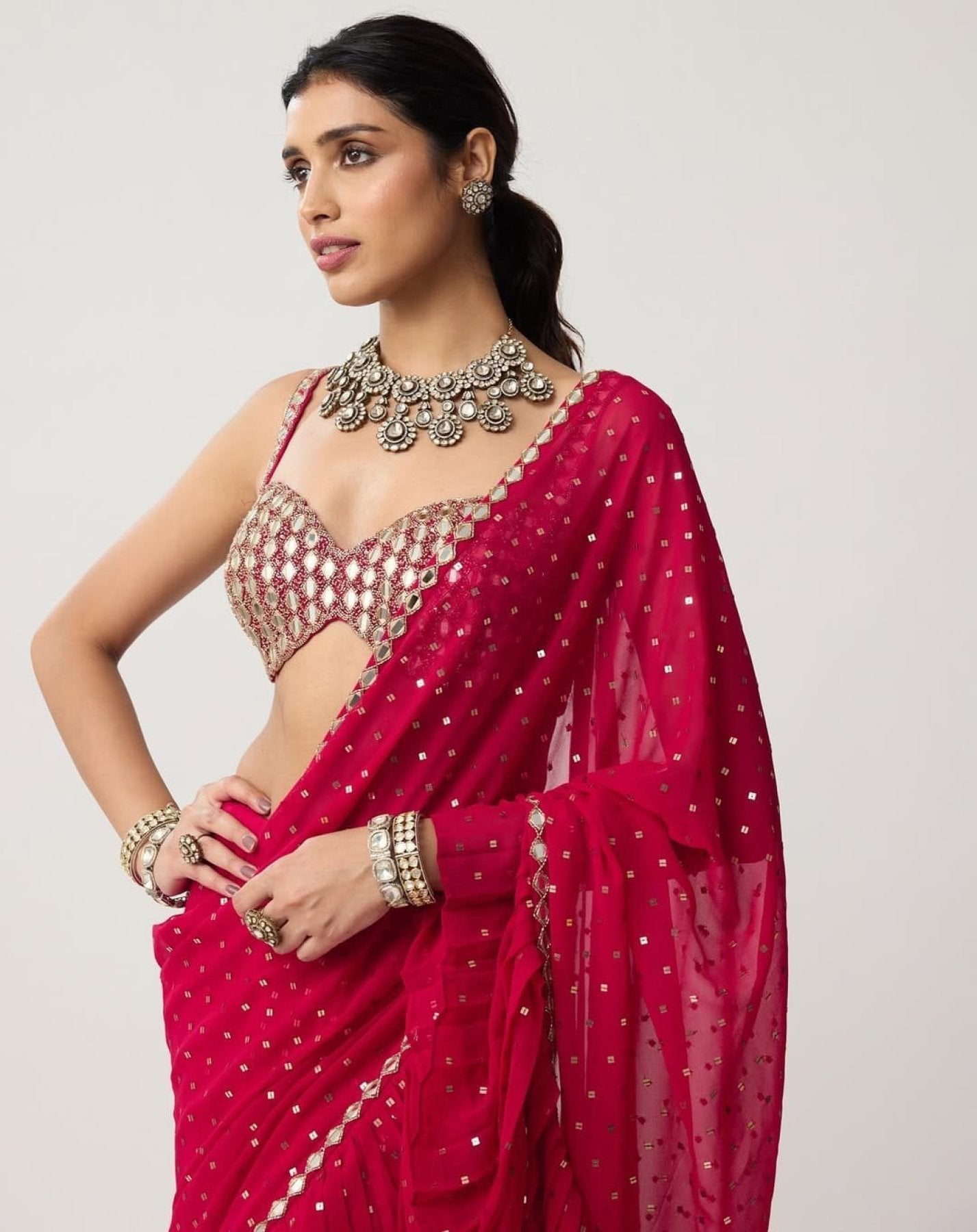 Red Saree - drape and pallu detail
