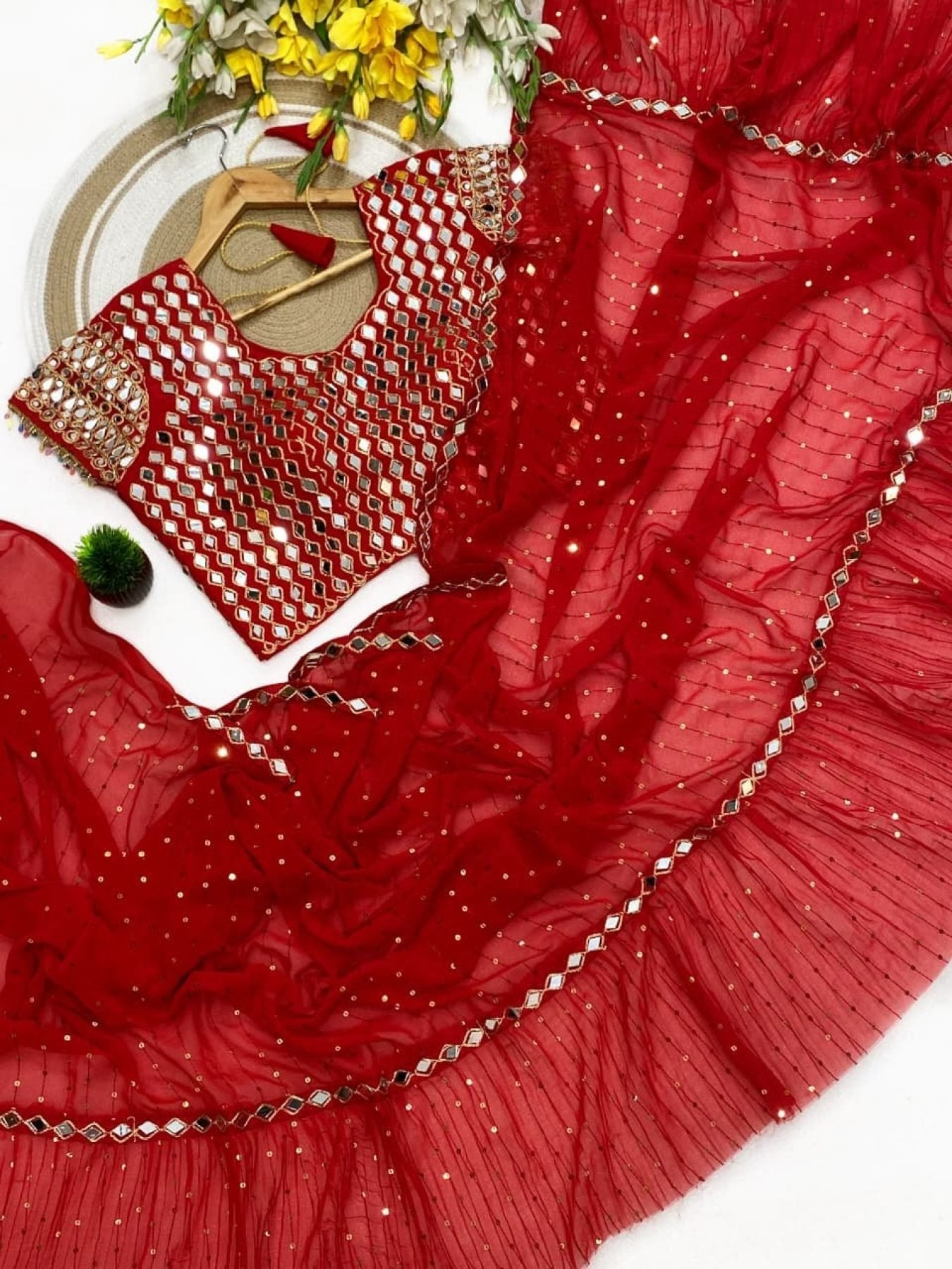 Red Saree - Sequins back view