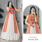 Orange Leheriya Print Kurti with Plain Frill Rayon Cotton Lehenga for Garba full drape view