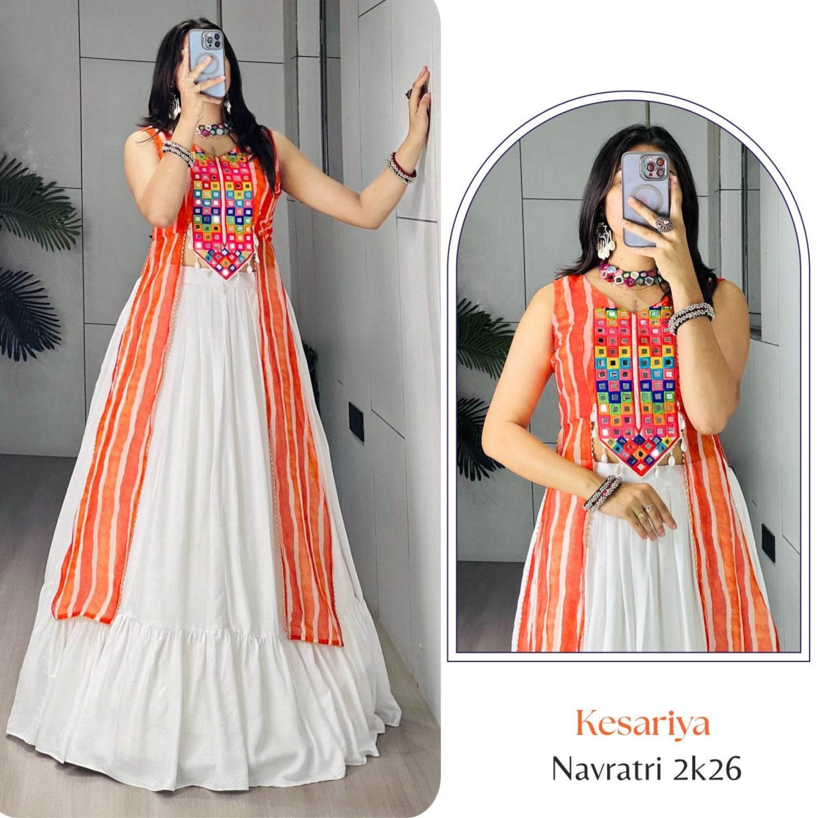 Orange Leheriya Print Kurti with Plain Frill Rayon Cotton Lehenga for Garba full drape view