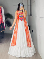 Orange Leheriya Print Kurti with Plain Frill Rayon Cotton Lehenga for Garba blouse and dupatta detail