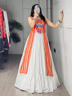 Orange Leheriya Print Kurti with Plain Frill Rayon Cotton Lehenga for Garba embroidery close-up