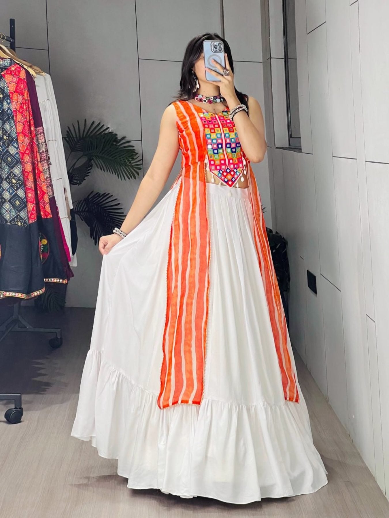 Orange Leheriya Print Kurti with Plain Frill Rayon Cotton Lehenga for Garba fabric texture detail