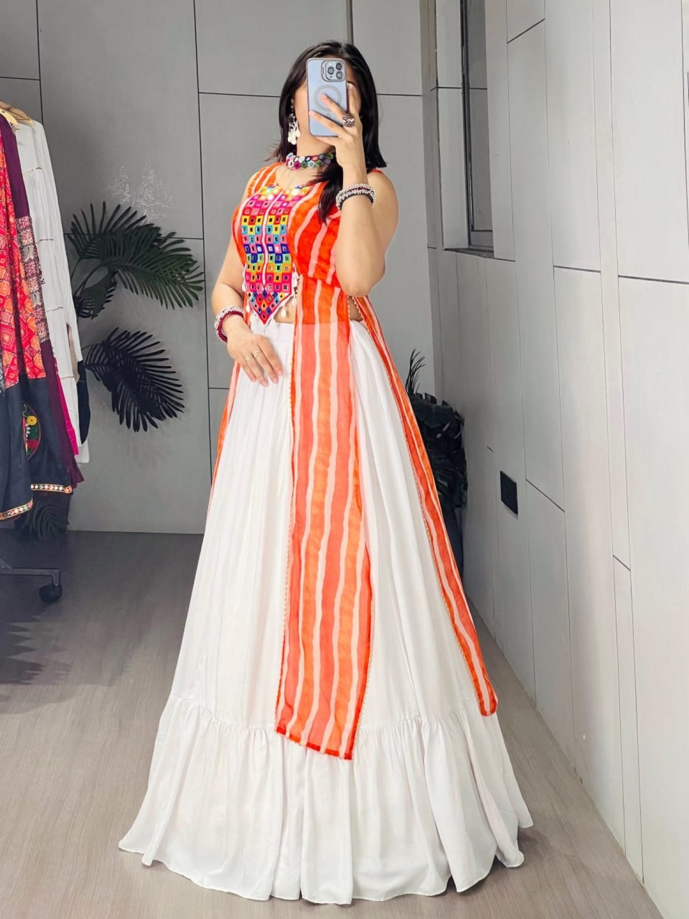Orange Leheriya Print Kurti with Plain Frill Rayon Cotton Lehenga for Garba back view