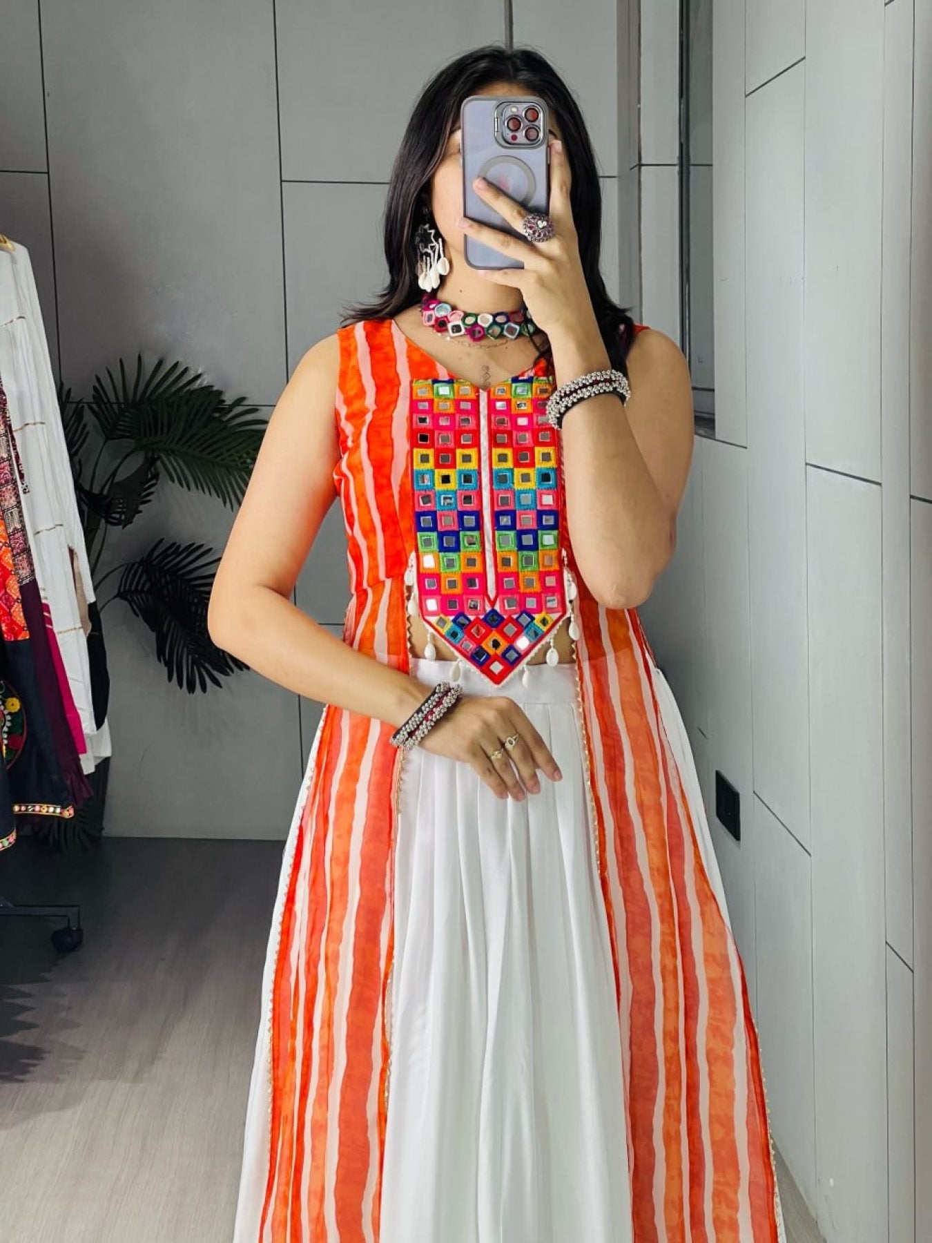 Orange Leheriya Print Kurti with Plain Frill Rayon Cotton Lehenga for Garba styling view