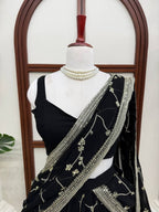 Black Breathtaking Faux Georgette Lehenga Saree Set with Heavy Sequins Embroidery front view