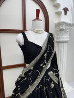Black Breathtaking Faux Georgette Lehenga Saree Set with Heavy Sequins Embroidery full drape view