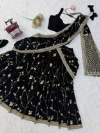 Black Breathtaking Faux Georgette Lehenga Saree Set with Heavy Sequins Embroidery blouse and dupatta detail
