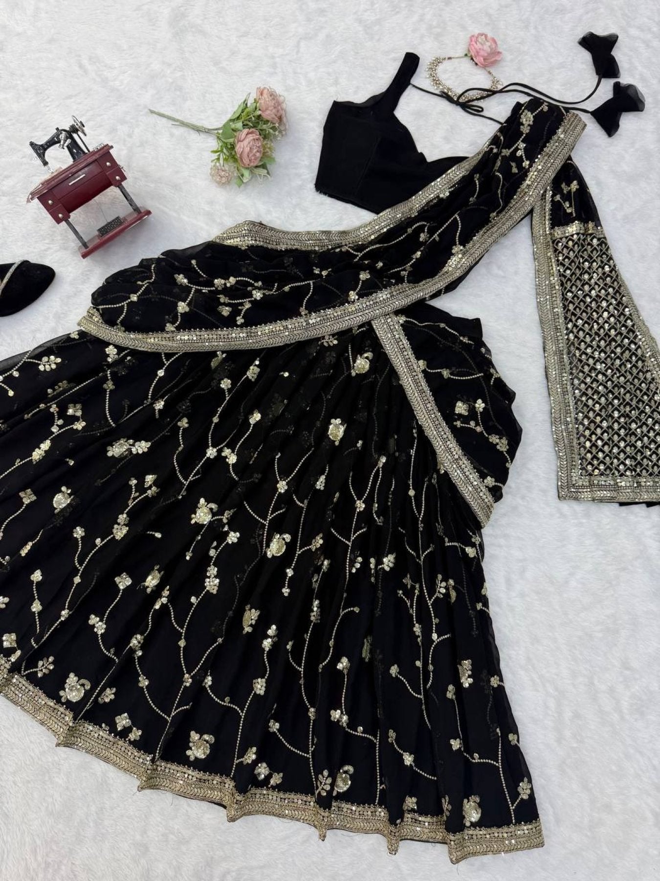 Black Breathtaking Faux Georgette Lehenga Saree Set with Heavy Sequins Embroidery blouse and dupatta detail
