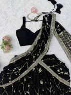 Black Breathtaking Faux Georgette Lehenga Saree Set with Heavy Sequins Embroidery detailed view