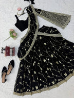 Black Breathtaking Faux Georgette Lehenga Saree Set with Heavy Sequins Embroidery fabric texture detail