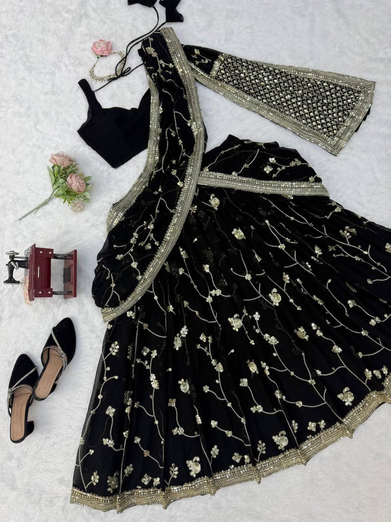 Black Breathtaking Faux Georgette Lehenga Saree Set with Heavy Sequins Embroidery fabric texture detail