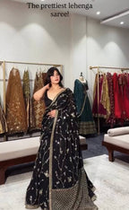 Black Breathtaking Faux Georgette Lehenga Saree Set with Heavy Sequins Embroidery full drape view