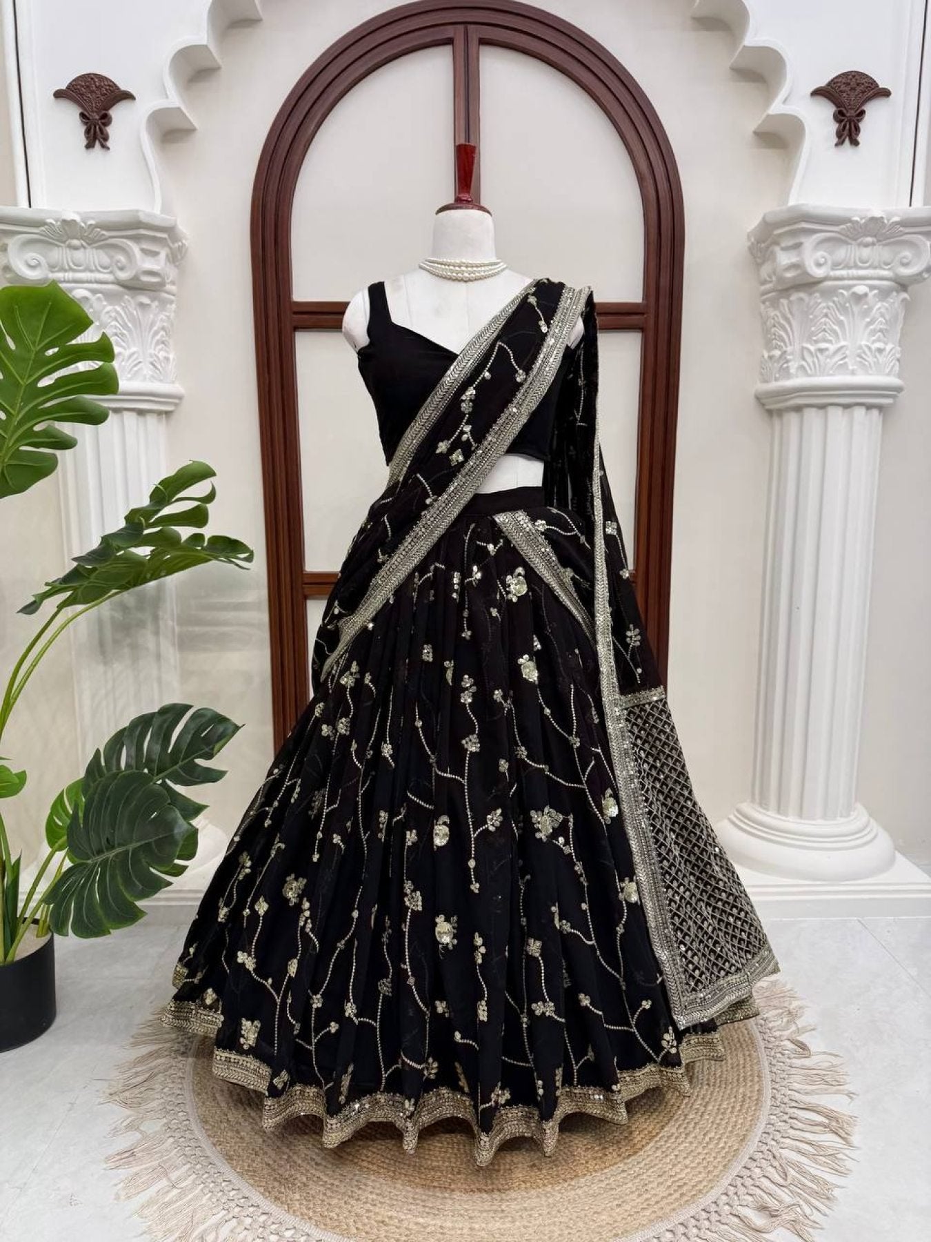 Black Breathtaking Faux Georgette Lehenga Saree Set with Heavy Sequins Embroidery styling view