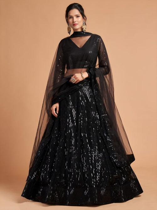 Black Breathtaking Soft Net Lehenga with Thread Sequins Embroidery Work full drape view