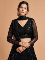 Black Breathtaking Soft Net Lehenga with Thread Sequins Embroidery Work blouse and dupatta detail