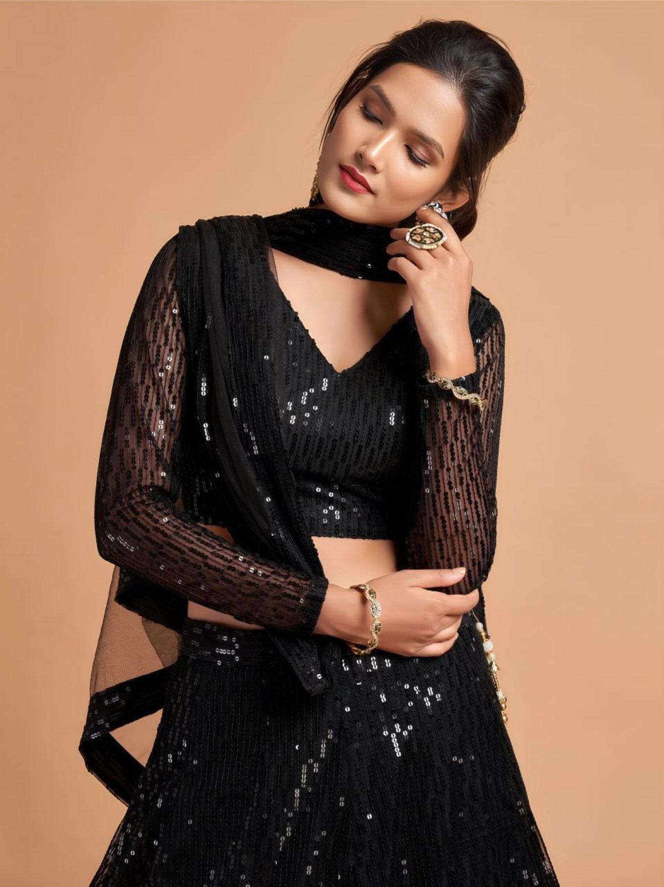 Black Breathtaking Soft Net Lehenga with Thread Sequins Embroidery Work detailed view