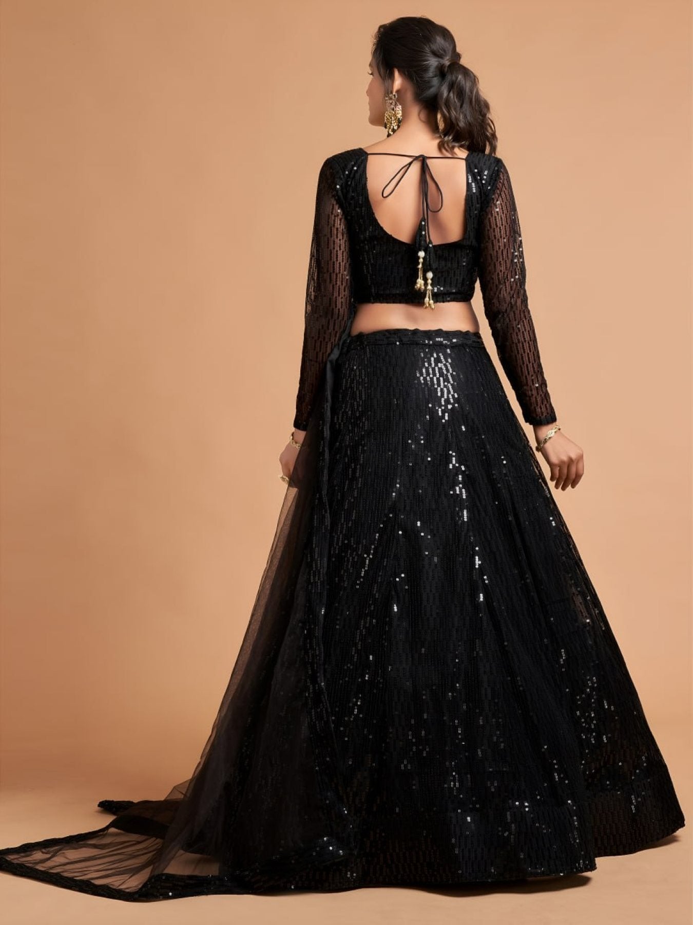 Black Breathtaking Soft Net Lehenga with Thread Sequins Embroidery Work fabric texture detail