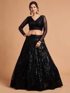 Black Breathtaking Soft Net Lehenga with Thread Sequins Embroidery Work back view