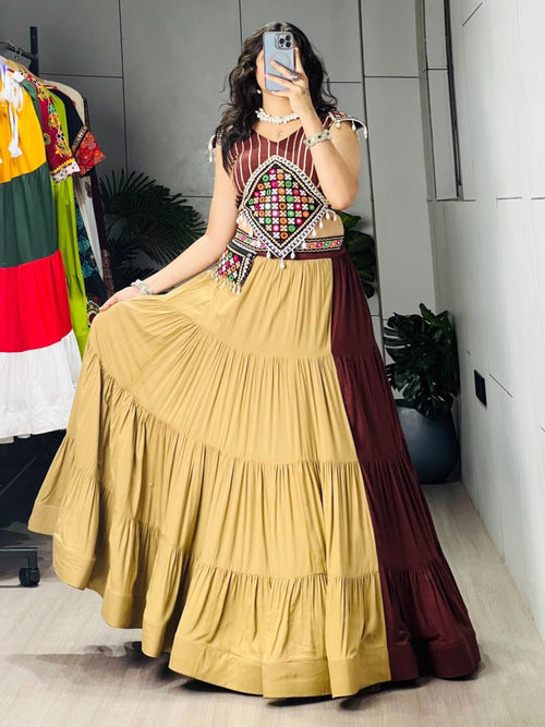 Brown Rayon Cotton Navratri Lehenga with Traditional Mirror Work full drape view