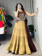 Brown Rayon Cotton Navratri Lehenga with Traditional Mirror Work blouse and dupatta detail