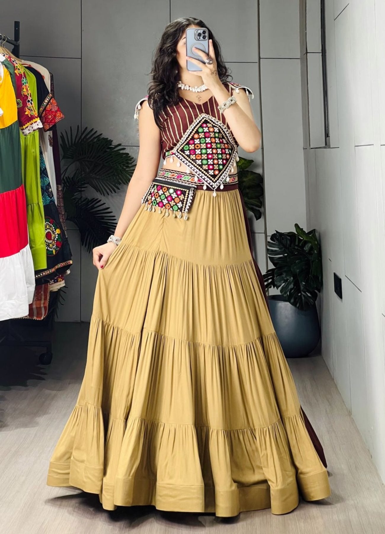 Brown Rayon Cotton Navratri Lehenga with Traditional Mirror Work embroidery close-up