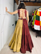 Brown Rayon Cotton Navratri Lehenga with Traditional Mirror Work back view