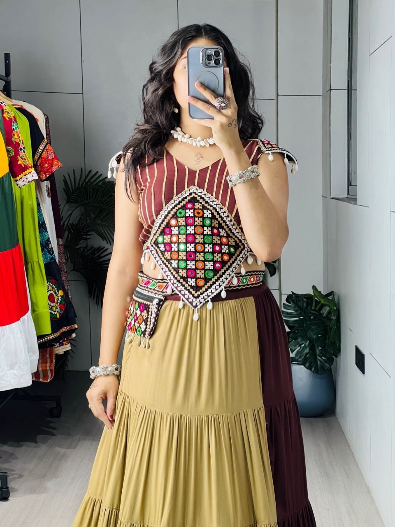 Brown Rayon Cotton Navratri Lehenga with Traditional Mirror Work styling view